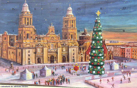 "Adventskalender Mexiko - Zócalo: Stell dir vor, wie die festliche Stimmung im Herzen von Mexiko-Stadt lebendig wird! Der Zócalo erstrahlt in bunten Lichtern und strahlt Wärme aus, während die Gemeinschaft zusammenkommt, um die aufregende Zeit des Advents zu feiern. Dieser wunderschöne Kalender voller Überraschungen bringt Kinderaugen zum Leuchten und erinnert uns alle an die kleinen Freuden des Lebens. Jedes Türchen, das sich öffnet, bringt eine neue Möglichkeit zur Freude und verbindet uns mit den Traditionen und der Kultur Mexikos."